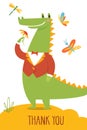 Cute vector thank you card with wild crocodile