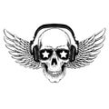 Cool vector rock music skull with headphones for t-shirt, emblem, logo, tattoo, sketch, patch