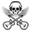 Cool vector rock music skull with headphones for t-shirt, emblem, logo, tattoo, sketch, patch