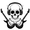 Cool vector rock music skull with headphones for t-shirt, emblem, logo, tattoo, sketch, patch