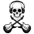 Cool vector rock music skull with headphones for t-shirt, emblem, logo, tattoo, sketch, patch