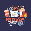 Cool vector web banner, design element on Movie Night event with lettering ,detailed retro motion picture film projector, admit Royalty Free Stock Photo