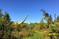 A cool view of a life like, real sized dinosaur display in the forests of Northern Alberta outside of Edmonton