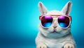 Cool white bunny in sunglasses on vibrant solid color backgroundStudio shot with copy space. Royalty Free Stock Photo