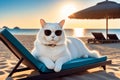 Cool white cat in sunglasses lying on a sun lounger on the beach