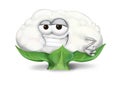 Cool white cauliflower cartoon character with half-open sly eyes, smiling