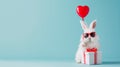 Cool white fluffy bunny in sunglasses holding balloon and a white gift box, greeting card Royalty Free Stock Photo