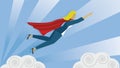 Superhero woman flying above the clouds. Vector illustration.