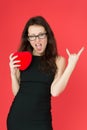 Cool woman in glasses. businesswoman with cool rock gesture. its party time. happy woman love her look. fashion and