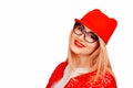 Cool woman in red cap looking at you camera smiling Royalty Free Stock Photo