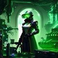 cool women in the lab female scientist working in the laboratory with cyberpunk futuristic green neon vibes in the lab Royalty Free Stock Photo