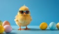 Cool yellow chick with sunglasses and Easter eggs on a blue background Royalty Free Stock Photo