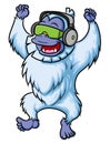 The cool yeti is listening to a music and dancing