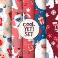 Cool yeti seamless pattern set illustration with kind creature with cup of coffee and cake.