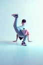 Cool young breakdancer guy dancing hip-hop in neon light. Dance school poster. Battle competition announcement