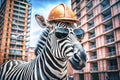 Cool zebra construction worker in a protective helmet Royalty Free Stock Photo