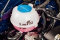 Coolant antifreeze tank under engine hood