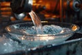 Coolant being poured on a metal workpiece in a CNC machine