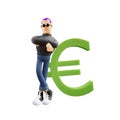 A coolest Cool Man Cartoon 3D Illustration standing in front of Euro Symbol