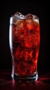 a cooling drink with ice in a glass beaker on a dark background.