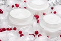 Cooling effect skin care creams with ice cubes and red berries Royalty Free Stock Photo