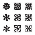 Cooling fan icons. Cool fans vector symbols, electrical air industry signs, electric wind climate industrial propellers with blade