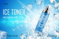 Cooling Ice toner with ice cubes. Realistic frozen refreshing spray bottle packaging ad. Skin care face toner product