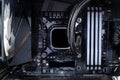 Cooling pump on CPU socket and quad channel RAM DDR4 that installed on modern mainboard Royalty Free Stock Photo