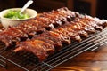 cooling rack set with freshly made glazed pork ribs