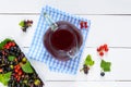 Cooling summer drink with berries - compote in a jug on a white wooden background.