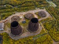 Cooling tower dismantling old system for condensation steam of water thermal power plants. Aerial view