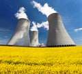 Cooling tower with golden flowering field of rapeseed