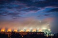 Cooling Tower of Oil and Gas Refinery Plant at Sunset. Process Buildings of Petrochemical Manufacturing., Business Engineering and Royalty Free Stock Photo