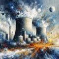 Cooling towers of nuclear power plant with smoke and moon illustration., generative ai Royalty Free Stock Photo