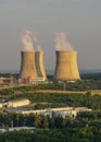 Cooling towers of Nuclear power plant Mochovce during the golden hour time. Royalty Free Stock Photo