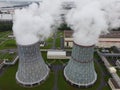 cooling towers thermal power plant aerial photo on a summer day Royalty Free Stock Photo