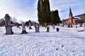 Coon valley cemetery in Winter with the 1876 evangelical Norwegian Lutheran church and drifters area bluffs covered in snow. Royalty Free Stock Photo