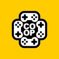 Coop game logo. Cooperative game sign. Video game icon for two joysticks. Play together together