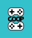 Coop game logo. Cooperative game sign. Video game icon for two joysticks. Play together together