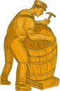 Cooper Making Wooden Barrel Drawing