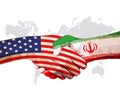 Cooperate of USA vs Iran, Flags on clenched hands facing each other on World map