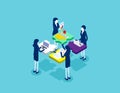 Cooperation by agency group to create a team. Concept isometric business startup vector illustration, Infographic of puzzle, Royalty Free Stock Photo