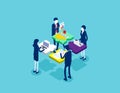 Cooperation by agency group to create a team. Concept isometric business startup vector illustration, Infographic of puzzle, Royalty Free Stock Photo