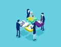 Cooperation by agency group to create a team. Concept isometric business startup vector illustration, Infographic of puzzle, Royalty Free Stock Photo