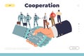 Cooperation concept of landing page with robots and human business team shaking hands Royalty Free Stock Photo