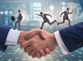 Cooperation concept with people running on handshake Royalty Free Stock Photo