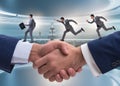 The cooperation concept with people running on handshake Royalty Free Stock Photo