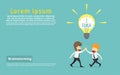 Cooperation happy,Businessman and coworkers doing high five,brainstorming Idea light bulbs.Business cartoon of success concept ch Royalty Free Stock Photo
