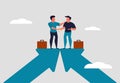 Cooperation of two businessmen, business partners. Joint work of two men and business negotiations. Men stand on the arrows and Royalty Free Stock Photo