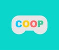 Cooperative game sign. Coop game logo. Video game icon for two joysticks. Play together on a video console